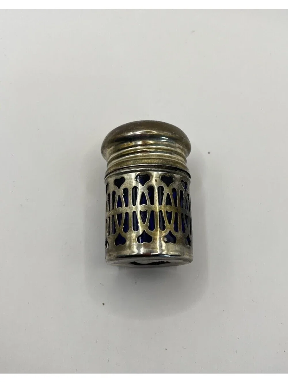 Vintage Cobalt Blue Glass Salt Shaker Pierced Silver Heart Filigree Cutout 2.25